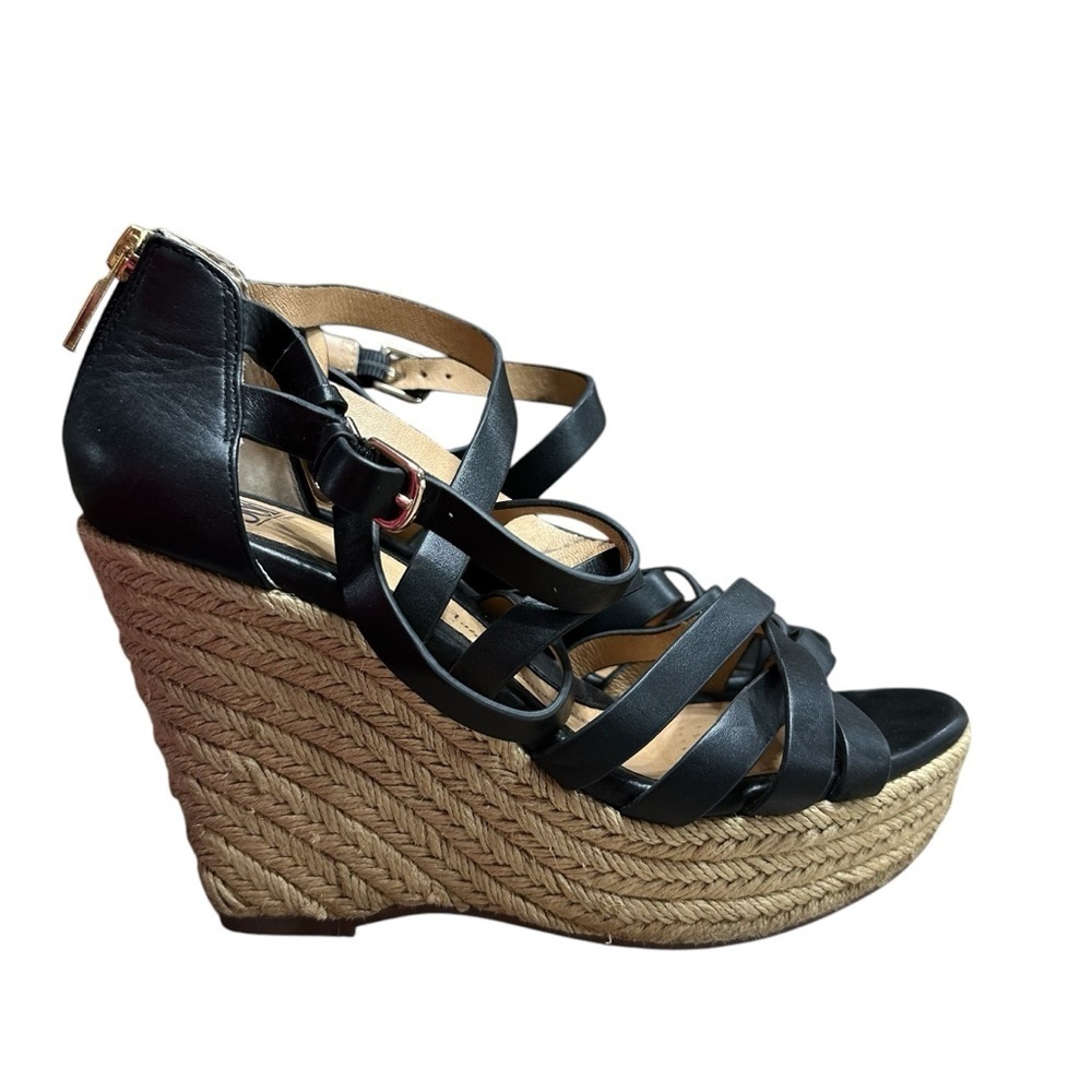 Sofft Black Espadrille Leather Wedge Strappy Sandals Size 8.5 Comfort Coastal - Picture 2 of 10